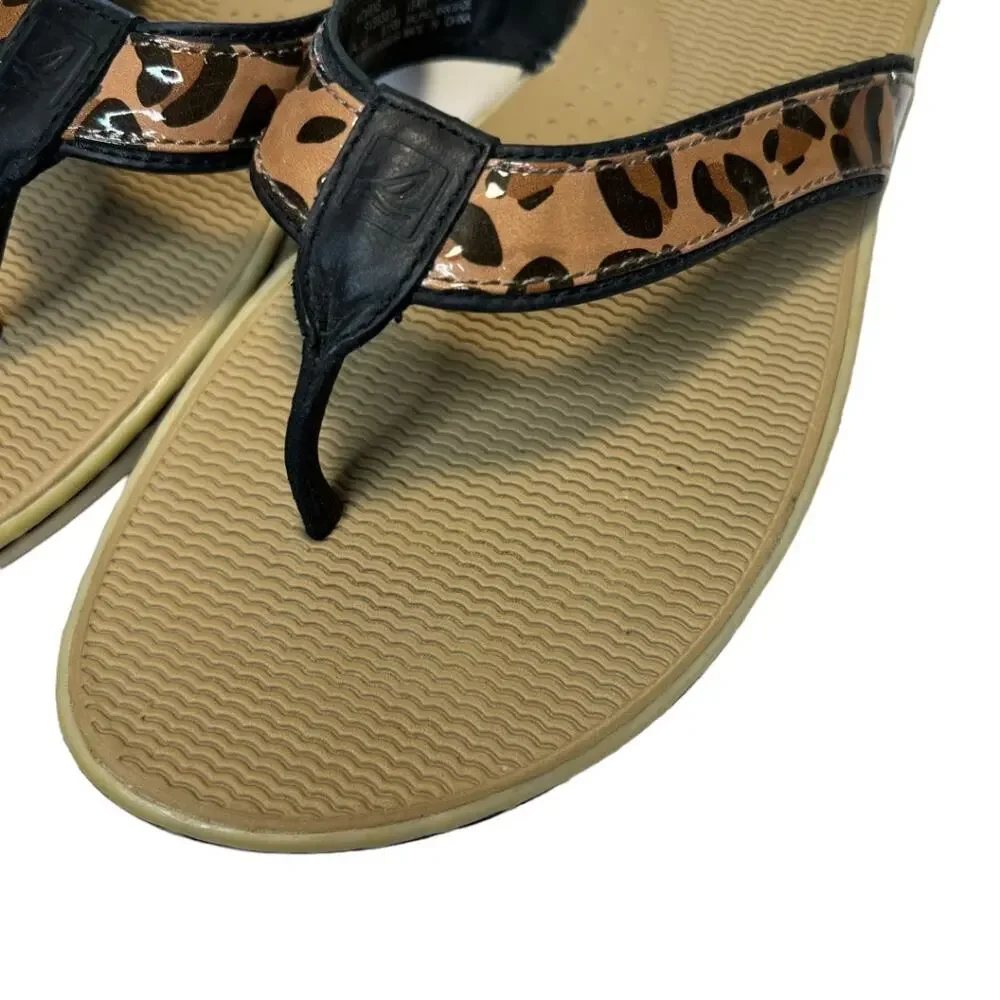Sperry Top Sider Leather Flip Flop Sandals Tan Black Leopard Print Size 8m Comfy